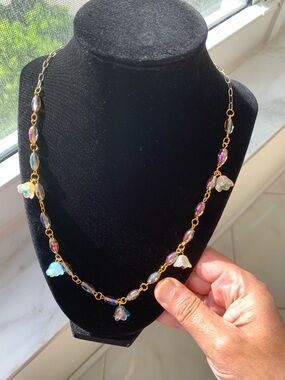 Gorgeous Necklace with Iridescent crystal and Multicolor glass Flower Charms